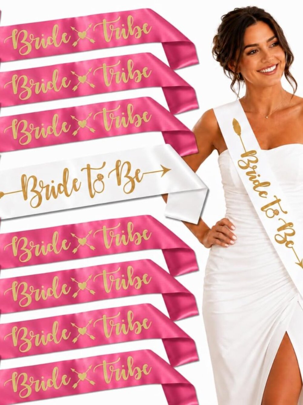 Bride Tribe Bridesmaids Satin Sashes, 8 Pack, Pink Set